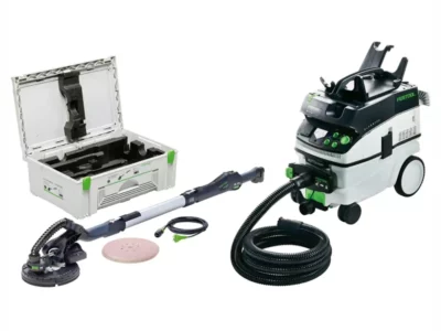 Festool Langhalsschleifer & Absauggerät mit schwarzem Saugschlauch.
